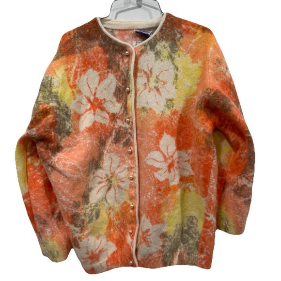 Vtg Angelon Darlene Orange Floral Cardigan Sweater Pearls Angora Wool  Mohair 36 - Picture 1 of 12